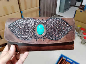 กระเป๋าคลัทช์หนังสีเทอร์ควอยซ์แบบตะวันตกของผู้หญิง,กระเป๋าคลัทช์หนังแบบพับสามทบขนาดกะทัดรัดดีไซน์ใหม่ - Product Image 2