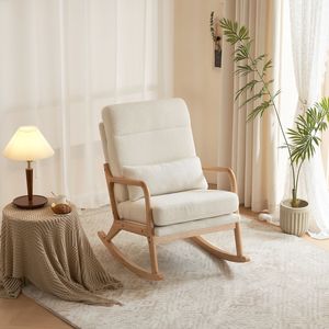 Sedia a dondolo da interno in legno massello color legno naturale con schienale alto, cintura, cuscino lombare, braccioli, schienale e seduta, struttura in ferro - 100*65*101cm - Product Image 1
