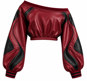 Women Burgundy PU <b>Leather</b> Blouson Jacket With Puff Sleeves Contrast Color Block <b>Short</b> Crop Top Autumn Style - Product Image 4