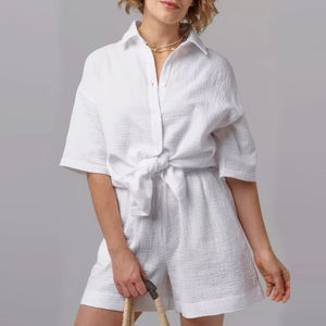 100% Cotton Gauze Pajamas Women's Sets Button up <b>Shirts</b> Top+Shorts Sets for Women's 2 Pieces set Summer Holiday Outfits OEM ODM - Product Image 2