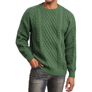 Pull en tricot torsadé à col rond pour homme, vert uni, manches longues, 100% laine, épais, pour l'hiver, anti-boulochage, tricoté à la main - Product Image 1