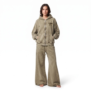 Ensemble de survêtement femme délavé à l'acide, couleur unie, coupe décontractée, avec sweat à capuche zippé à manches longues et épaules tombantes, et pantalon de jogging évasé à jambes larges - Product Image 4
