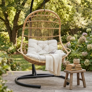 Handcrafted natural rattan <b>hanging</b> egg chair cushioned swing lounge <b>seat</b> outdoor indoor balcony patio furniture setup product - Product Image 2