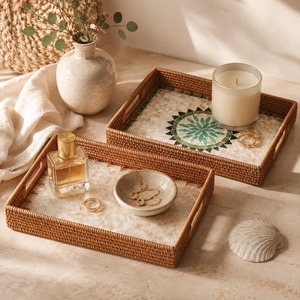 Atractiva bandeja hecha a mano con incrustaciones de nácar, artículos decorativos de mesa para hoteles y restaurantes, bandeja para guardar postres. - Product Image 5