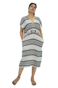 Robe Kaftan en Coton Teint Fil à Fil pour Femme, Manches Chauve-Souris, Style Bohème – Fabricant - Product Image 3