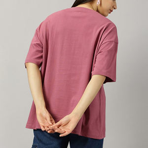 T-shirt en coton rose pour femmes grandes tailles, col rond, manches courtes, coupe ample, couleur unie, jersey décontracté, respirant, toutes saisons - Product Image 2