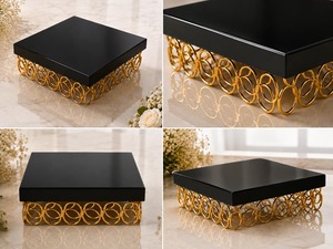 Support à gâteau en métal doré et noir de designer pour table de dessert de mariage, présentation de cupcakes et décoration de fête - Product Image 3