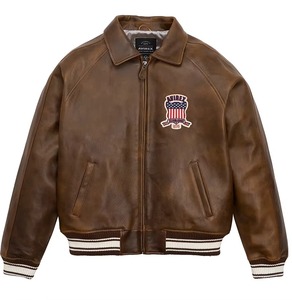 Veste en cuir marron Avirex avec patch brodé, col rabattu, fermeture éclair, veste en cuir Avirex pour homme, idéale pour l'automne - Product Image 1