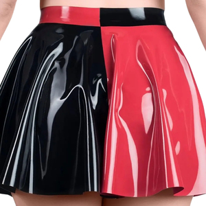 Women High Waist PU Leather A-Line <b>Skirt</b> Red <b>Black</b> Color Blocking Asymmetrical Print Shiny Mini Dress All Seasons Wear - Product Image 4