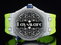 Premium Iced VVS Moissanit Diamant-Uhr mit Limettengrünem Strukturiertem Zifferblatt, Analogglas, Silberner Lünette und Grünem Gummiarmband - Luxuriöse Zeitmesser