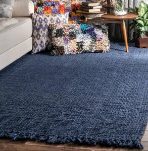 MORE Natural Fiber Collection Jute Handmade Farmhouse Premium Jute Rug With Tassels Navy Blue