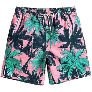 Drain Sports Men's Pink Tropical Palm Print Swim Shorts Quick Dry Anti-UV <b>Mid</b> Waist Drawstring Casual Beach Board Shorts - Product Image 1