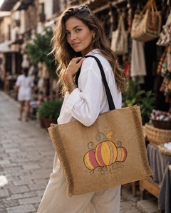 Sac fourre-tout en jute pour femme, style bohème automne, sac à bandoulière écologique avec fermeture éclair, pour voyage et usage quotidien - Product Image 5