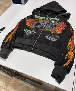 Sudadera con Capucha Corta Negra Rexfit con Cierre, Diseño de Llama Estampada, Estilo Urbano Oversize, Unisex, Felpa Francesa, Ropa de Otoño - Product Image 4