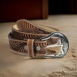 Western Style Embossed Leather Belt for Men Brown <b>Tooled</b> Floral Pattern Cowboy Waistband with <b>Engraved</b> Silver Buckle - Product Image 2