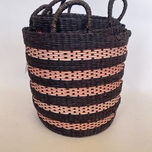 Set of 3 Round Woven Seagrass <b>Baskets</b> with Handles Combined with Pink <b>Plastic</b> Cord Bohemian Design Eco-Friendly Clothing Storage - Product Image 4