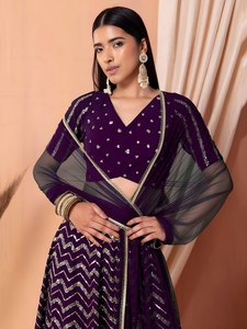 Purple <b>Sequined</b> Faux Fur Built-in <b>Bra</b> Quick Dry Lehenga Choli V-Neck A-Line Floor-Length Dress Geometric Pattern Elegant Evening - Product Image 3