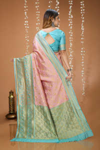 AARA Fashion Sari indien traditionnel en soie PINK PARI-400 Rose Turquoise avec broderie Zari, protection solaire, pour occasions de mariage, pour femme, longueur au sol - Product Image 5