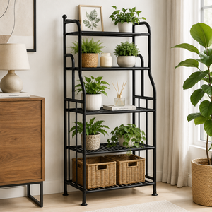Black Metal 5 Tier Plant Stand <b>Shelf</b> Indoor Storage Rack for Books Pots <b>Basket</b> Kitchen Living Room Organizer Display Holder - Product Image 4