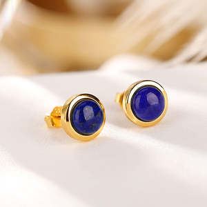 Boucles d'oreilles clous en argent sterling S925 plaqué or avec lapis-lazuli serti clos, 12g, pour femme - Product Image 1