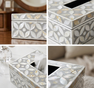 Caja de pañuelos rectangular con incrustaciones de nácar estilo costero, organizador decorativo para mesa del hogar - Product Image 2