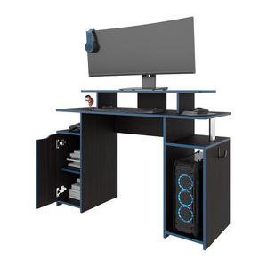 Escritorio Minimalista para Juegos con Detalles Azules y Estante Elevado para Monitor - Product Image 5