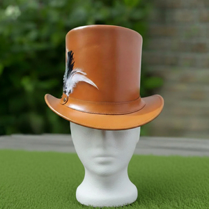 Premium quality custom made Handmade Orange Leather Steampunk <b>Top</b> Hat with Feather Victorian Cosplay Costume Hat - Product Image 3