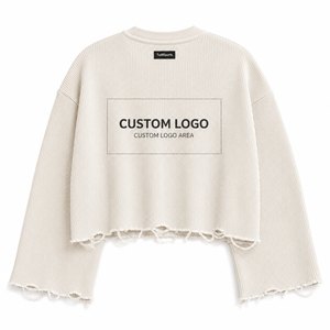 Custom Women Cropped Knit Sweater <b>Distressed</b> Hem Oversized Short Sleeve Ribbed Vest Casual Fashion Crew Neck <b>Top</b> 100% Cotton - Product Image 1