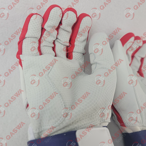 Qaswa Sports Professional Cowskin Leather Batting Gloves White Red Long Cuff Ambidextrous Breathable <b>Hook</b> Loop Closure - Product Image 2