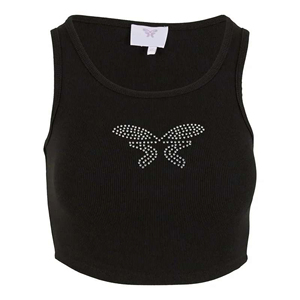 Women Ribbed Crop Tank <b>Top</b> Sleeveless Slim Fit Casual Vest With <b>Rhinestone</b> Design OEM Supplier - Product Image 2