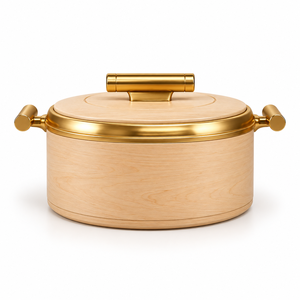 Casserole ronde de luxe en acier inoxydable avec finition imitation bois et poignées dorées - Product Image 1