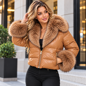 Chaqueta Acolchada Color Camel para Mujer con Cuello y Puños de Piel de Zorro, Abrigo Bomber de Invierno de Lujo, Ropa Exterior de Moda - Product Image 5