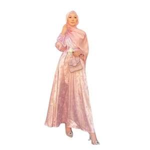 Elegante Abaya de Seda Rosa con Estampado Floral, Manga Larga, Cuello Alto, Corte Holgado, Vestido de Novia para Mujer, Estilo de Oriente Medio - Product Image 1