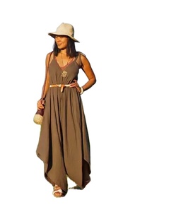 Combinaison sans manches tie dye pour femmes avec barboteuse de vacances à col en V longueur au sol vêtements à la mode tissé motif solide Style doux - Product Image 1