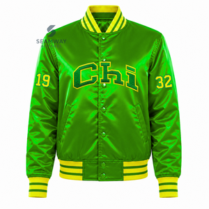 Chaqueta universitaria de satén verde para mujer Chi Eta Phi con botones a presión, letras griegas bordadas, cuello y puños de punto a rayas, ropa exterior - Product Image 1