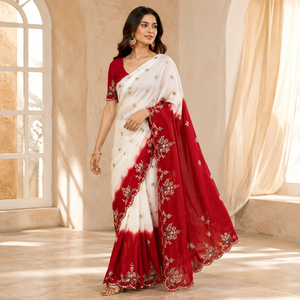 Bridal Vintage Silk <b>Saree</b> Indian Wedding Party Embroidery White <b>Red</b> Traditional Ethnic Wear Wholesale Heavy Work Ladies Boutique - Product Image 3