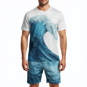 GENERSA SPORTS เสื้อเชิ้ตแขนสั้นคอกลมสีดำสำหรับผู้ชาย กางเกงขาสั้นเอวยางยืด ผ้าลูกฟูก ไม่ยืด ชุดลำลองสำหรับฤดูร้อน สีพื้น - Product Image 1