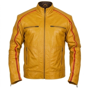Chaqueta de Motociclista de Cuero PU Negra para Hombre con Cierre de Cremallera y Franja Roja Naranja, Cuello Alto, Corte Regular, Estilo Otoñal - Product Image 3