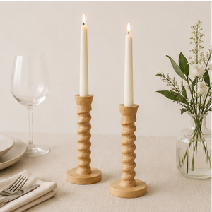 Handcrafted Wavy Oak Wooden Taper <b>Candle</b> Holder <b>Set</b> Modern Scandinavian Style Candlestick Stand For Dining Table Centerpiece - Product Image 2