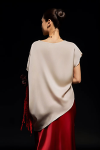 Regular Fit 2-Piece Long Set Silk Blend Plain Dyed Full Length Crew Neck Short Sleeve Casual Solid Breathable Dressy - Product Image 3