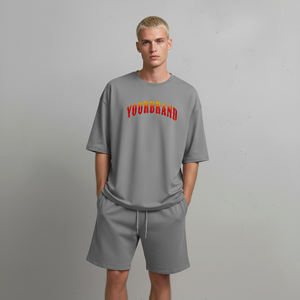 Wholesale 100% Cotton 2-Piece <b>set</b> for Men's Streetwear Custom 3D puff printed logo Solid color comfortable man short <b>set</b> - Product Image 3
