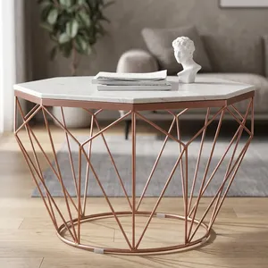 Modern <b>Marble</b> Look Coffee <b>Table</b> Metal Frame Center <b>Table</b> White Top Copper Finish For Living Room Center <b>Table</b> For Cafeteria - Product Image 2