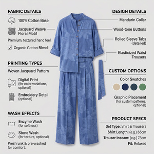 Women 2 Piece Long <b>Set</b> Blue Solid Cotton Oxford Mandarin Collar Top Wide Leg Pants Casual Spring Summer Regular Fit High Street - Product Image 5