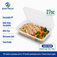 Boîte alimentaire carrée jetable ZMH 27oz 0,4mm en PP de qualité alimentaire, imprimée UV, pour plats à emporter, compatible micro-ondes, avec couvercle, pour restaurant