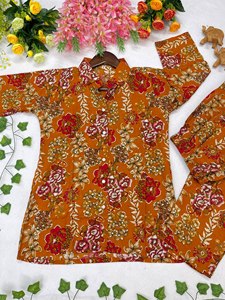 Premium Floral Print Women's Co-ord Set Mustard Yellow Cotton Button-<b>Down</b> Tunic <b>Trouser</b> Two-Piece Casual Summer Party Outfit - Product Image 4