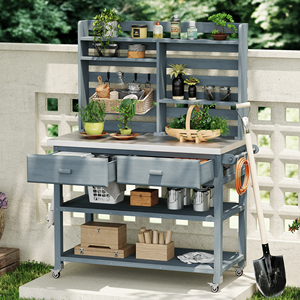 Isola Cucina da Esterno in Legno Massello con Ripiano Superiore e Ruote Bloccabili, 165 cm di Altezza, Banco da Giardinaggio con Vano Portaoggetti in Acciaio Inossidabile - Product Image 1