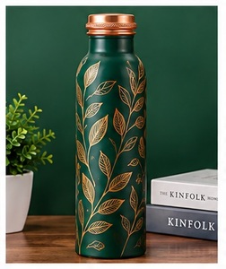 Bouteille d'eau en cuivre à motif floral d'hibiscus tropical avec couvercle en cuivre, vaisselle portable pour la maison - Product Image 2