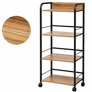 Four Tier Wood <b>Storage</b> Rack with Wheels Industrial Style Standing <b>Cart</b> for Living Room Neatening and Organization - Product Image 1