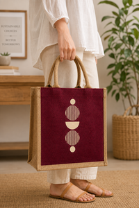 Geometric Pattern Heavy Duty Jute Shopping <b>Bag</b> <b>Medium</b> <b>Size</b> Hand Carry Tote for Beach and Groceries - Product Image 5