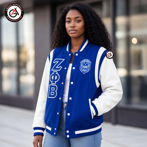 Veste de moto pour femme avec broderie en chenille 3D Zeta Phi Beta Sorority |   Veste à manches en cuir et laine brodée ZPB Sorority - Product Image 4